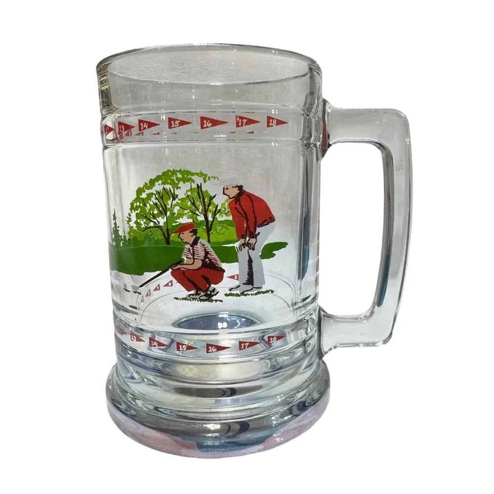 Princess House Vintage Golf‎ Scene Beer Mug Men Large Glass Tankard Clear Red